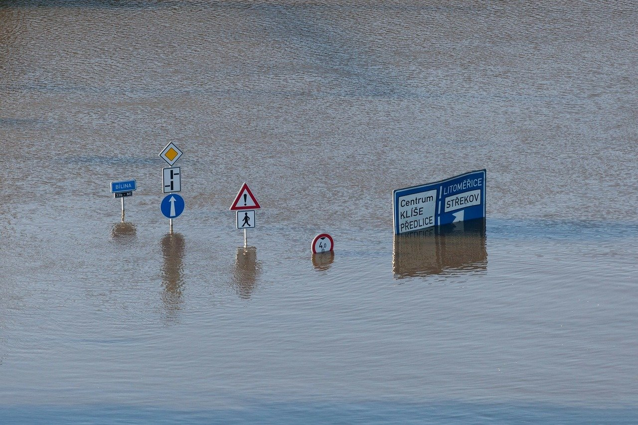 Traffic signs half-submerged in water.
