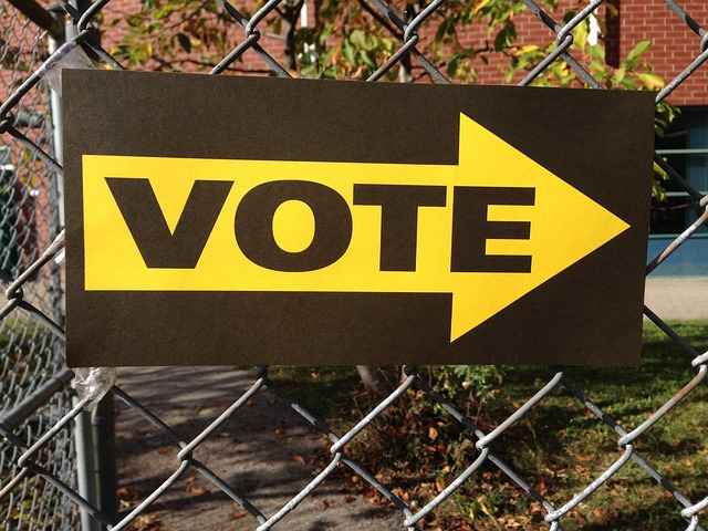 Image d'un panneau avec une flèche jaune et le mot "vote" indiquant où lesgens doivent se rendre pourvoter