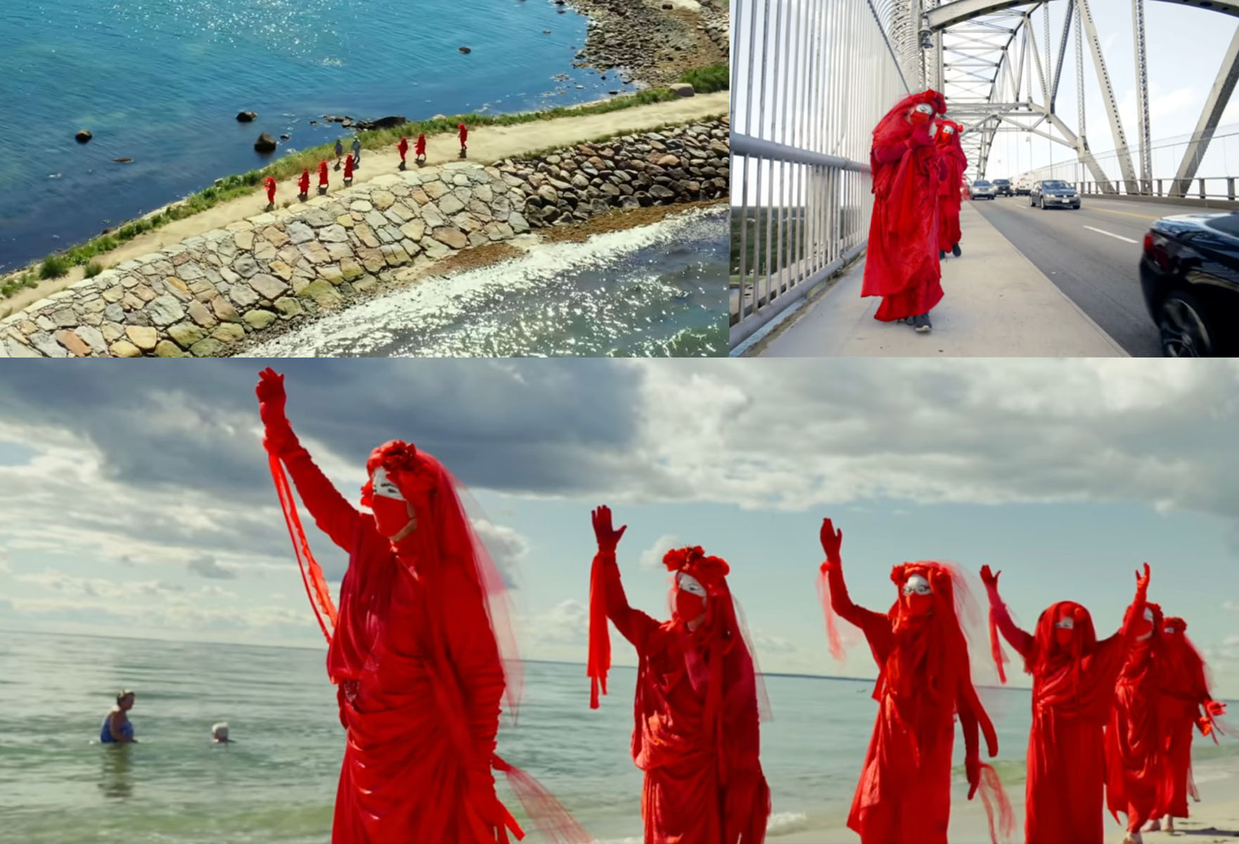 Um trio de imagens mostrando os Rebeldes Vermelhos: filmados de cima, numaponte e numa praia.