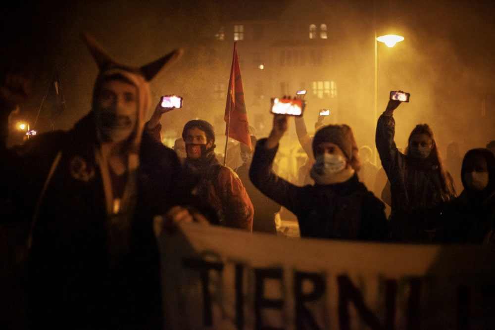 Rebels bring the wildfires to Berlin by showing fire on theirphones.