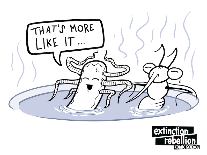 friendly anthropomorphic Salmonella bacteria and mosquito sitting in a warm puddle of water, enjoying it like a hot tub
