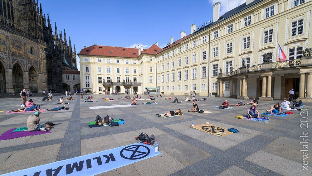 Rebels lying down in a square in Prague