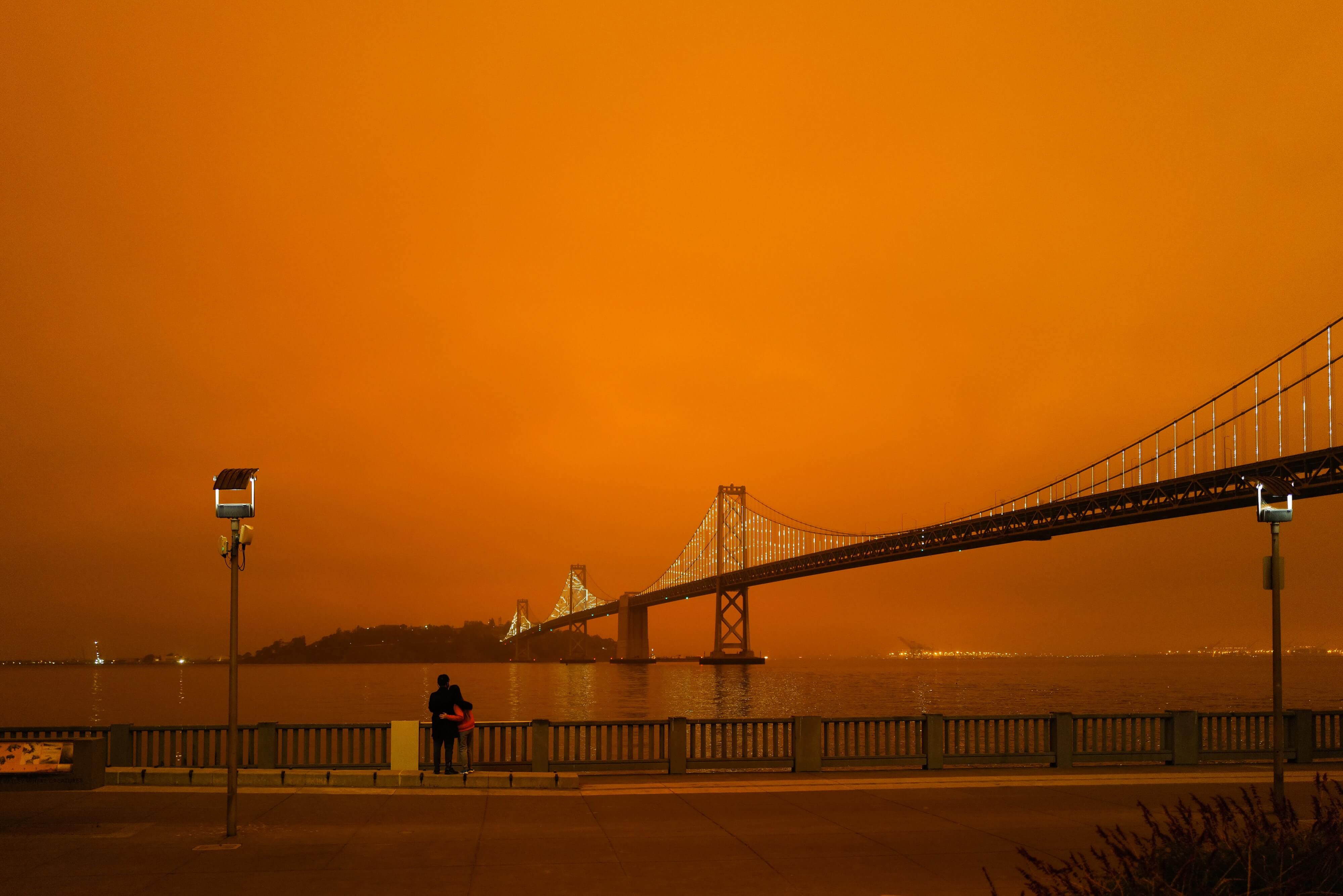 Orange sky across Golden Gate Bridge