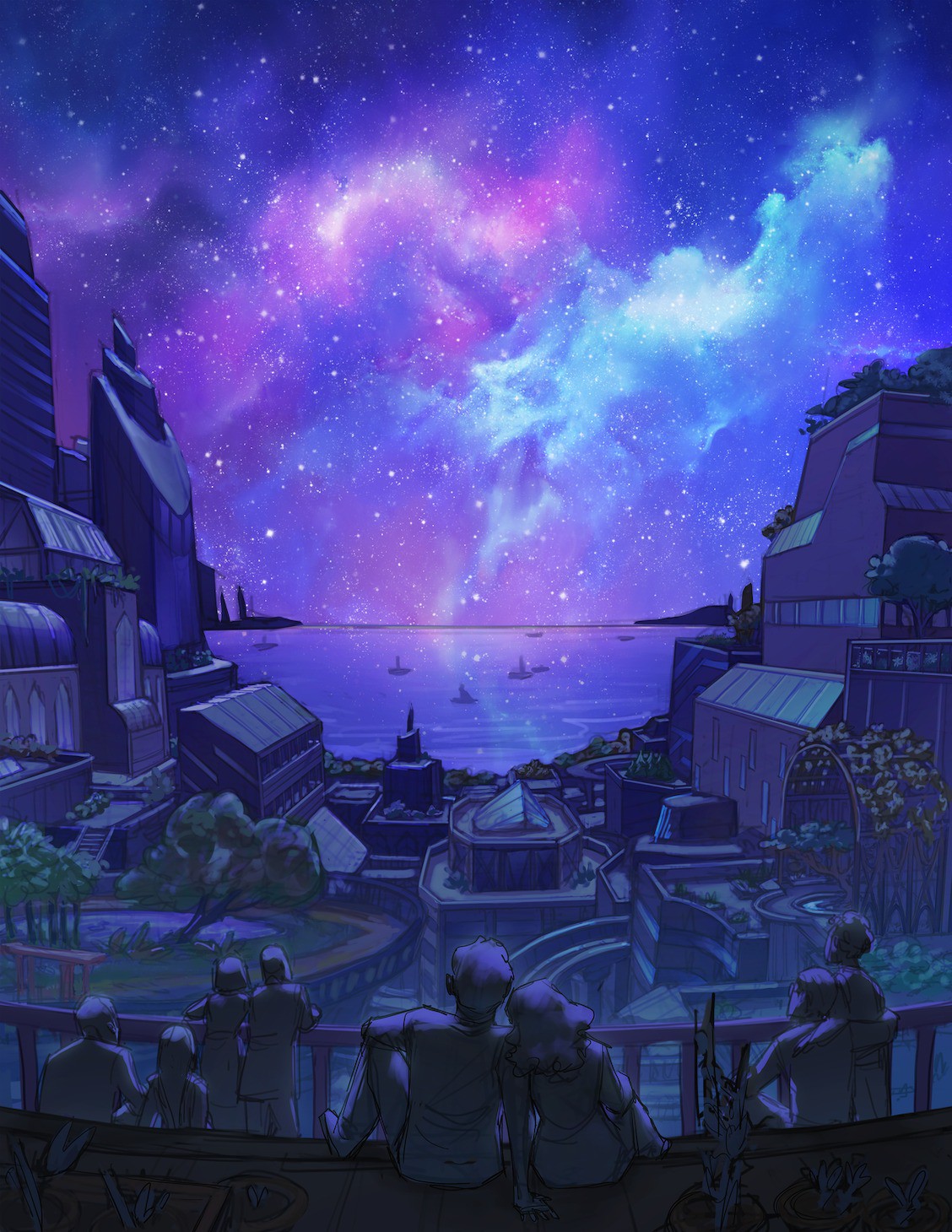 Illustration of futuristic buildings leading out onto a darkened harbour at night, lit by a starry purple sky.
