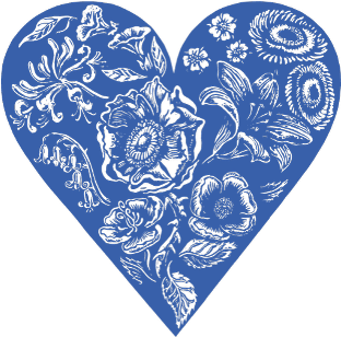 A heart-shape in blue with various flowers in white inside it.