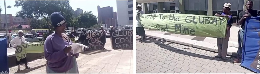 Two photos, both in some urban place. with a few people holding signs in the background.