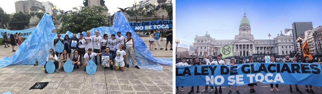 Two photos of a group of people posing in an open plaza. In the second photo, a group of people are holding a large blue banner that says "La ley de glaciares no se toca". 2 XR flags are visible.