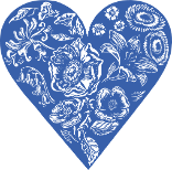 An etching of a heart-shape in blue with various flowers in white inside it.