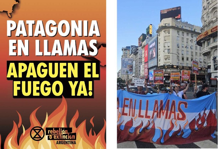 A poster image bearing the words "patagonia en llamas apaguen el fuego ya!". Beside it is a photo of a protest march through a city.
