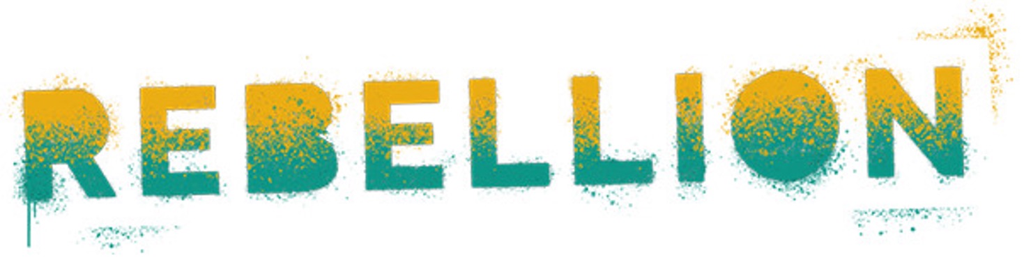 The word "rebellion" writing in green and yellow.