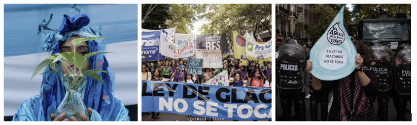 A group of three photos. One shows a Blue Rebel holding a plant. One shows a mass protest. One shows a person holding a sign with riot police in the background.