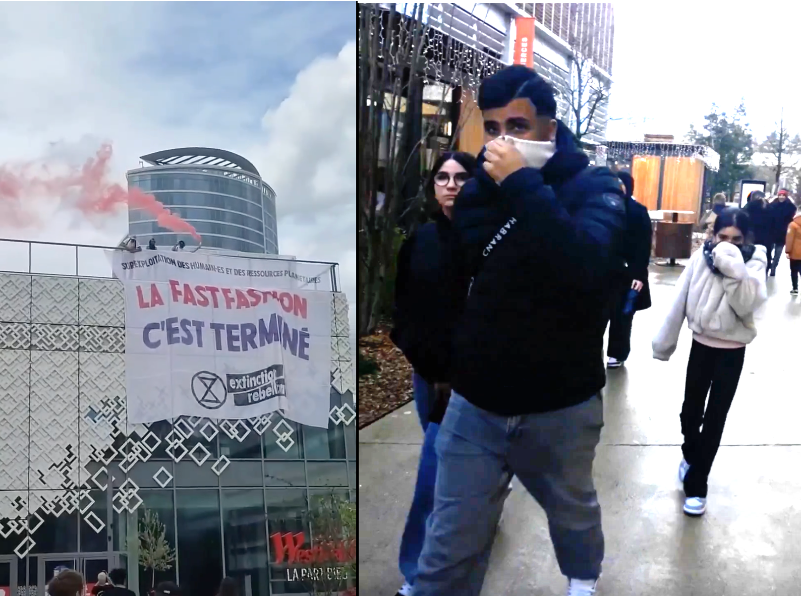 On the left, a wall in front of a building. Two people stand on top where they are releasing a thin plume of pink smoke. They have a large white banner that includes the XR logo and a slogan. On the right, several people walking along a wet sidewalk in front of several large buildings. Some people cover their mouths and noses with their clothing.