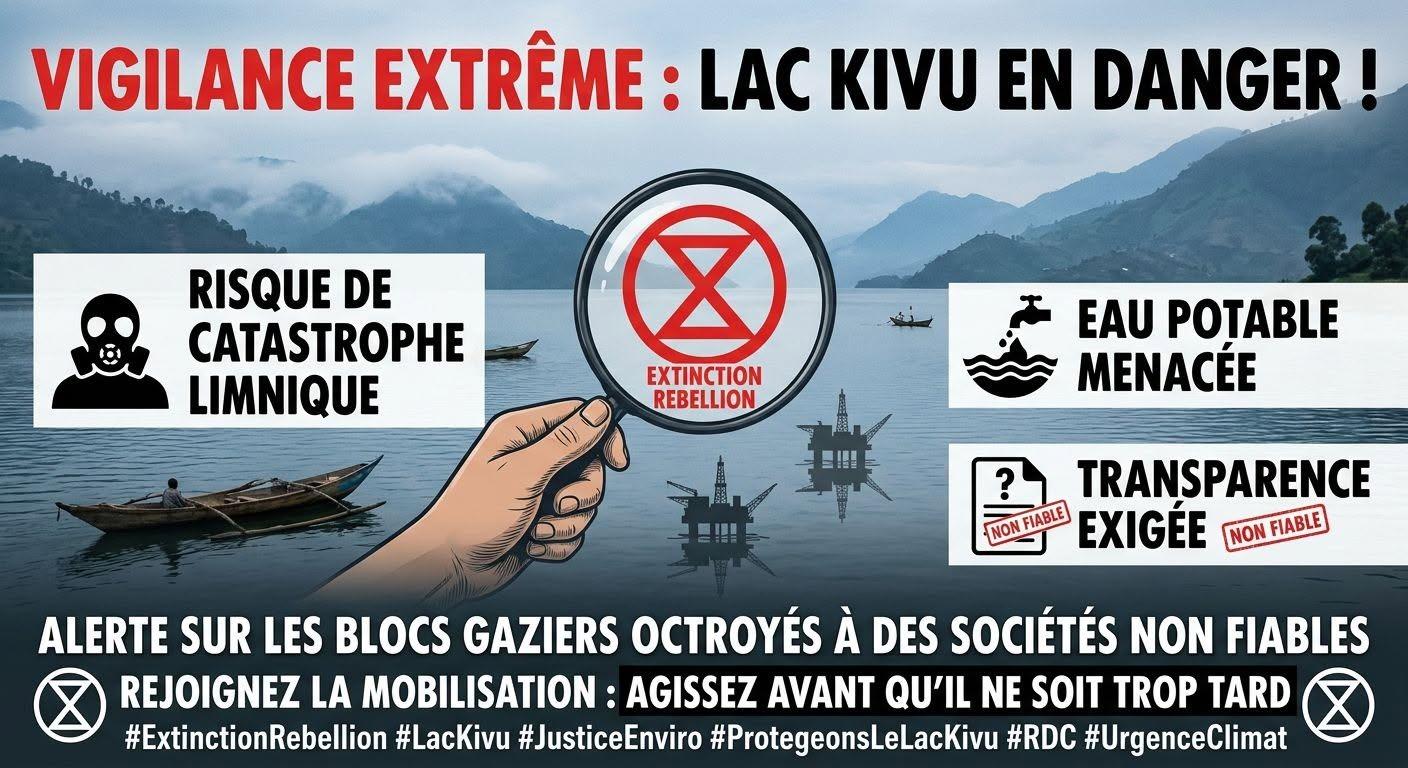 A photo of lake Kivu. There is text in French warning of the dangers of improper exploitation of the lake.