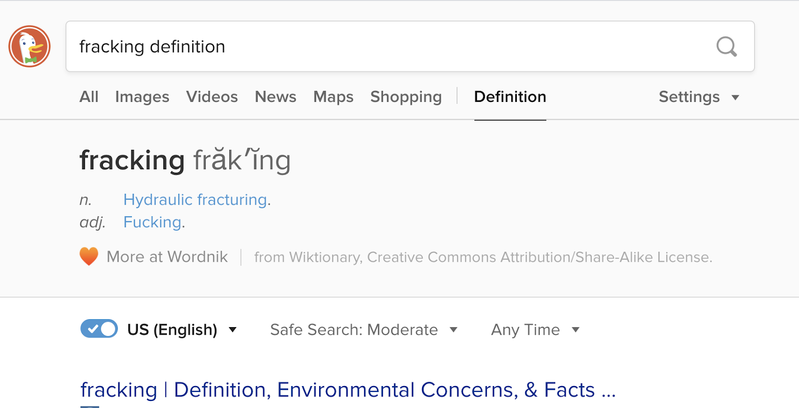 Dictionary definition of the term fracking as  "Hydraulic fracturing" and "Fucking"