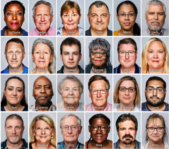 Image made up of 24 smaller images, each of which is the face of an adult. These images show a diverse range of people of different genders, ages and ethnicities.