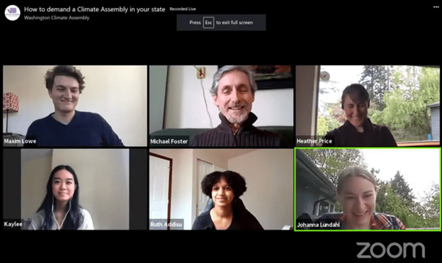 six people interacting through video conference software.