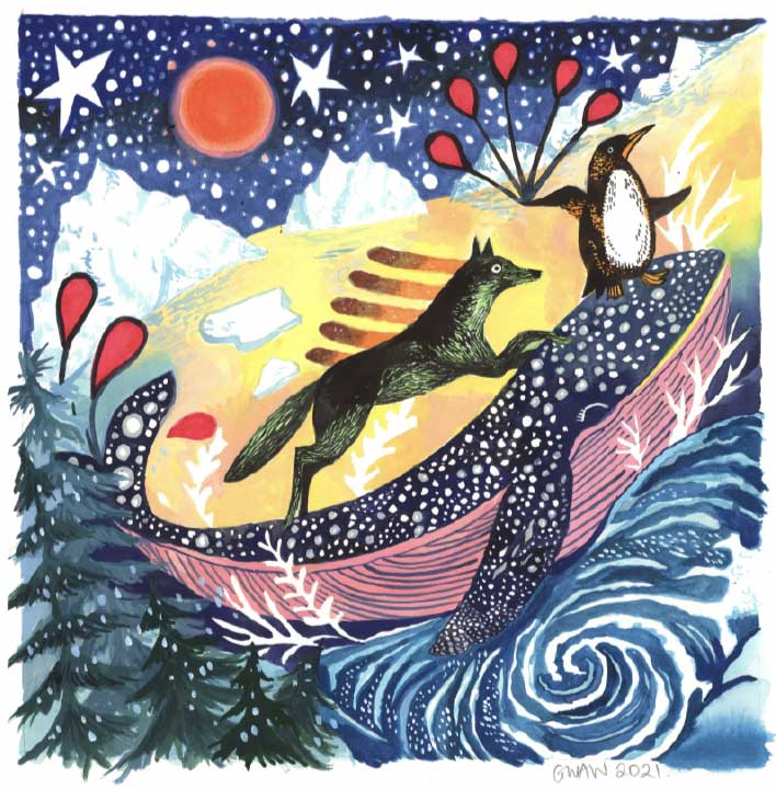 Colourful image shows a wolf stretching towards a penguin holding a red balloon, with both creatures standing atop a blue whale surrounded by waves, trees, the starry sky and sun.