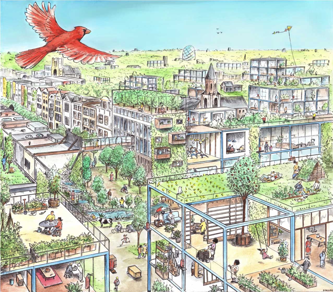 Hand-drawn illustration shows a red bird in the top left corner, flying over a city with angular buildings covered in greenery with citizens outside as part of nature.