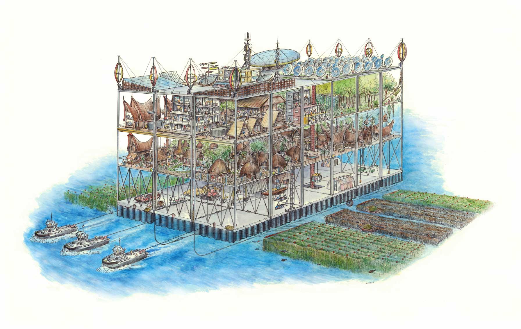 Watercolour painting depiciting a floating settlement - four wooden layers with different functions, with boats moored on the blue seas and marine gardens floating next door.